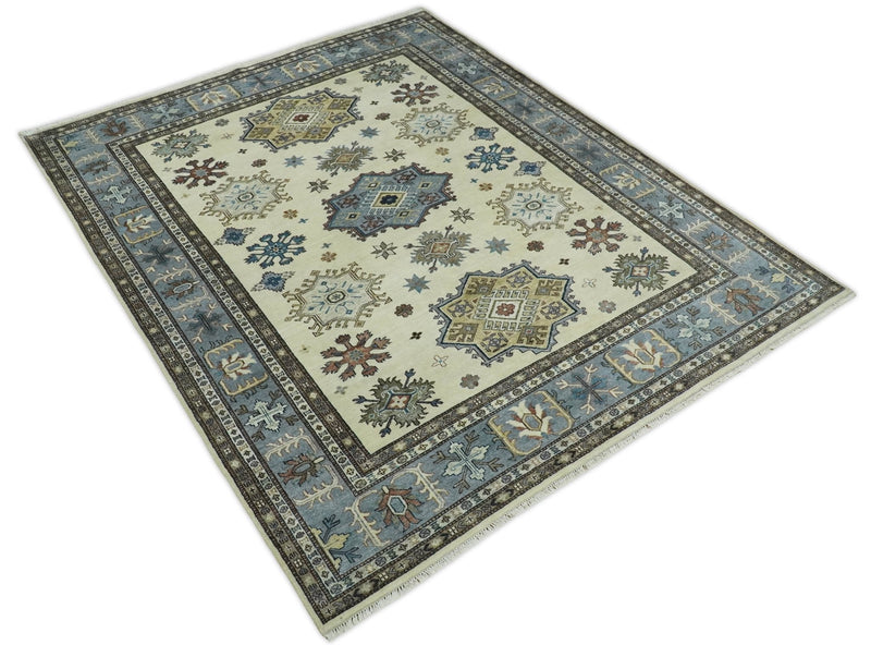 8x10 Fine Hand Knotted Blue and Beige Traditional Vintage Persian Style Antique Wool and Silk Rug | TRDCP510810