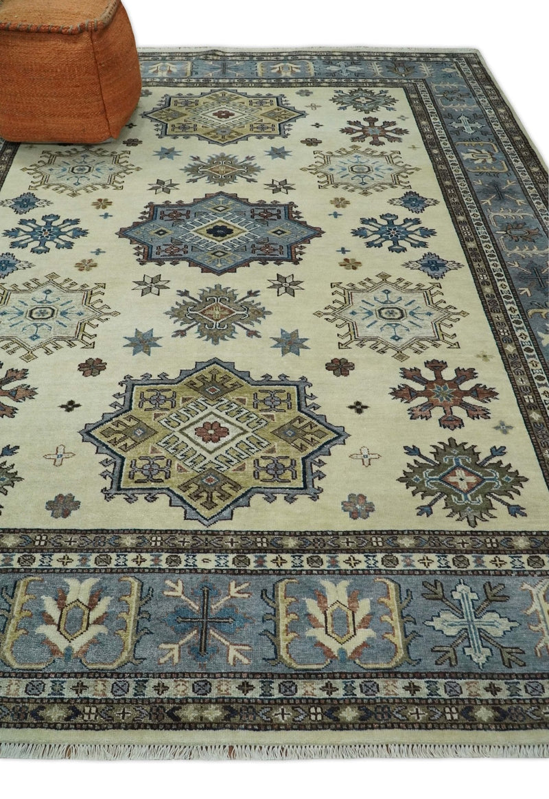 8x10 Fine Hand Knotted Blue and Beige Traditional Vintage Persian Style Antique Wool and Silk Rug | TRDCP510810