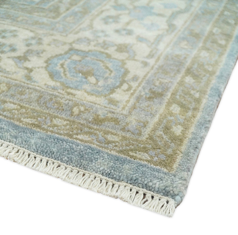 8x10 Fine Hand Knotted Blue and Ivory Traditional Ikat Design Antique Wool Rug | TRDCP462810