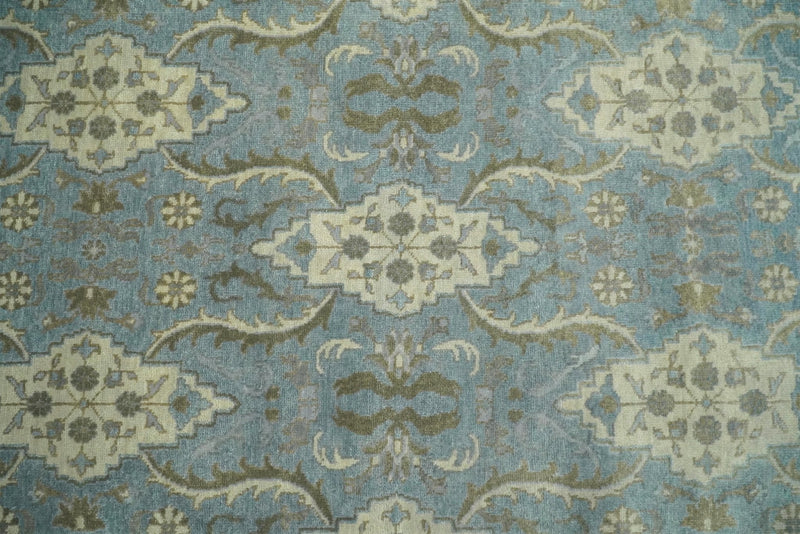 8x10 Fine Hand Knotted Blue and Ivory Traditional Ikat Design Antique Wool Rug | TRDCP462810