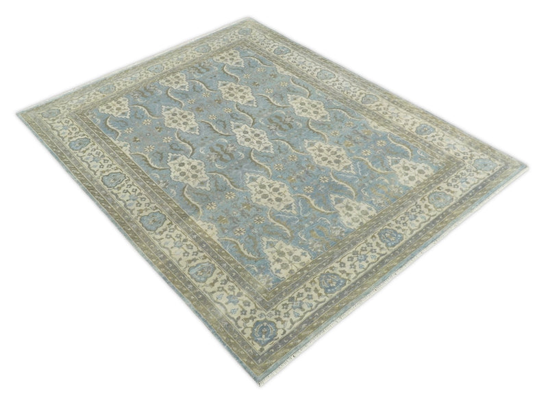 8x10 Fine Hand Knotted Blue and Ivory Traditional Ikat Design Antique Wool Rug | TRDCP462810