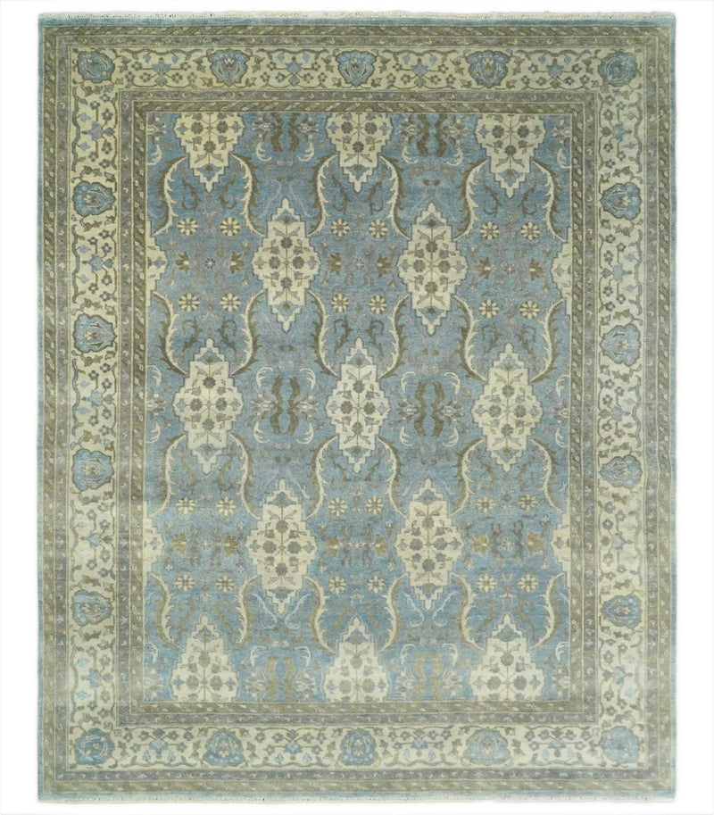 8x10 Fine Hand Knotted Blue and Ivory Traditional Ikat Design Antique Wool Rug | TRDCP462810