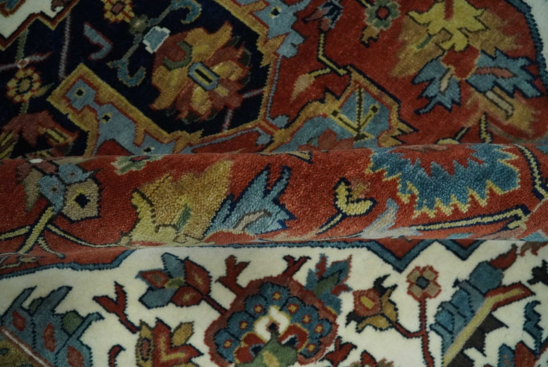 8x10 Fine Hand Knotted Blue, Brown and Ivory Traditional wool Area Rug