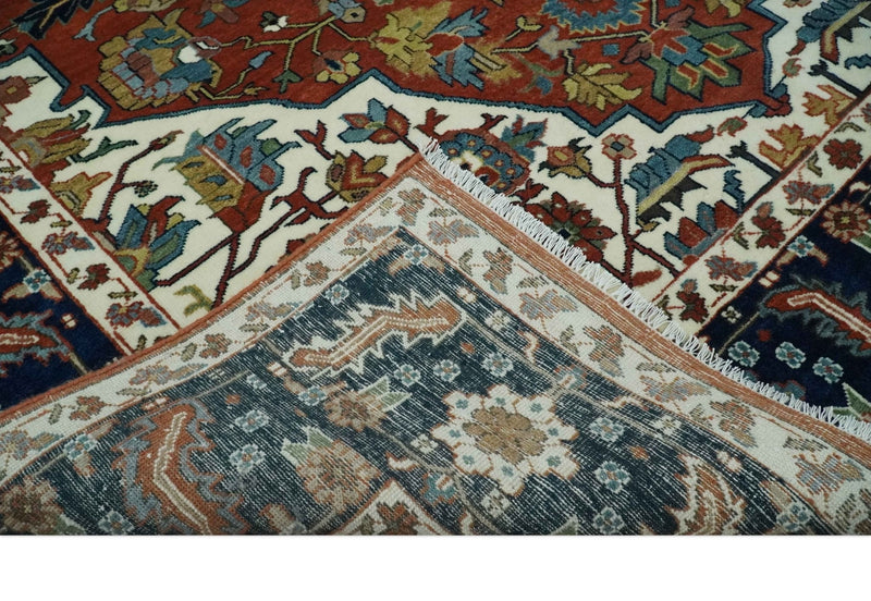 8x10 Fine Hand Knotted Blue, Brown and Ivory Traditional wool Area Rug