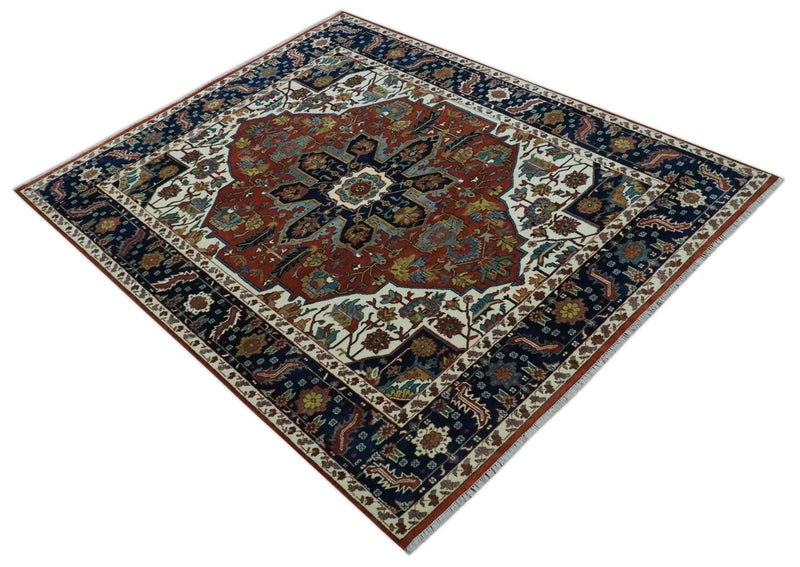 8x10 Fine Hand Knotted Blue, Brown and Ivory Traditional wool Area Rug