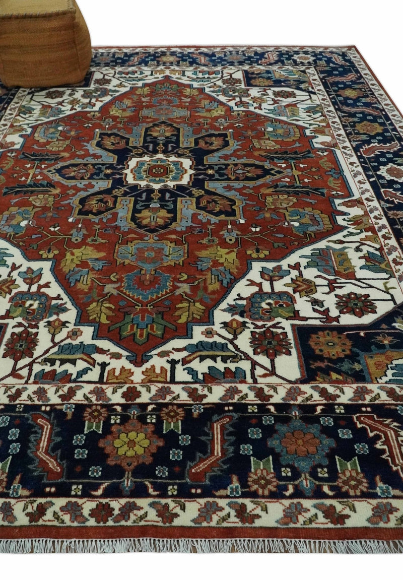 8x10 Fine Hand Knotted Blue, Brown and Ivory Traditional wool Area Rug