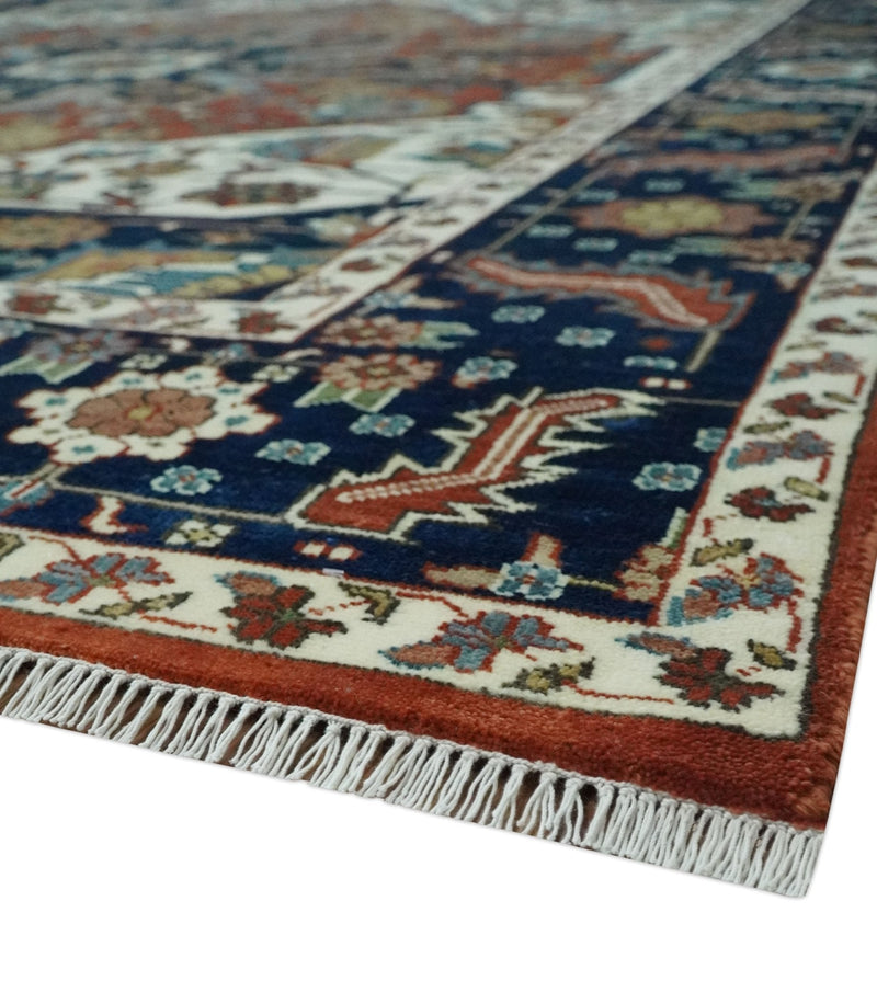 8x10 Fine Hand Knotted Blue, Brown and Ivory Traditional wool Area Rug