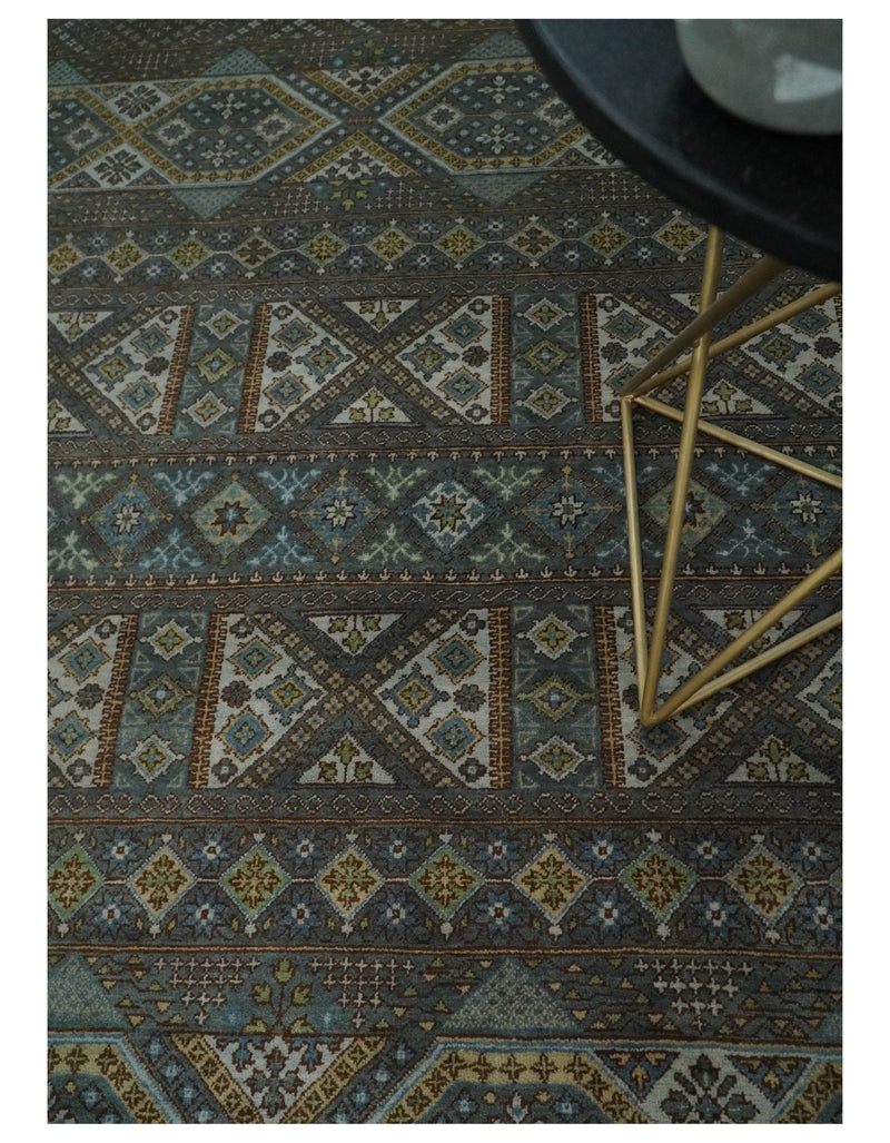 8x10 Fine Hand Knotted Brown and Blue Southwestern Traditional Antique Area Rug | AGR41