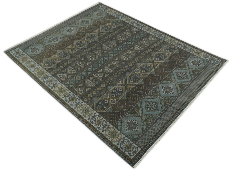 8x10 Fine Hand Knotted Brown and Blue Southwestern Traditional Antique Area Rug | AGR41