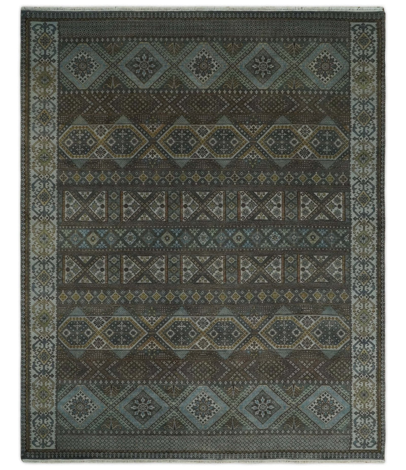 8x10 Fine Hand Knotted Brown and Blue Southwestern Traditional Antique Area Rug | AGR41