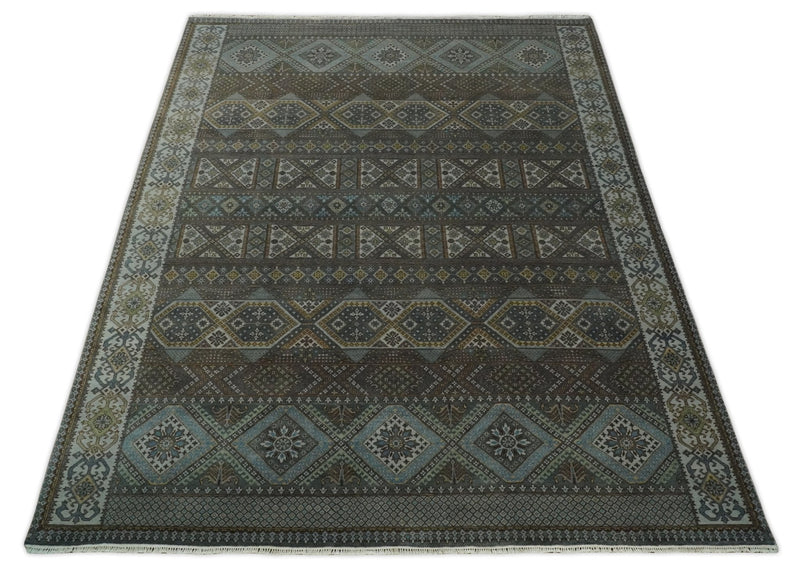 8x10 Fine Hand Knotted Brown and Blue Southwestern Traditional Antique Area Rug | AGR41