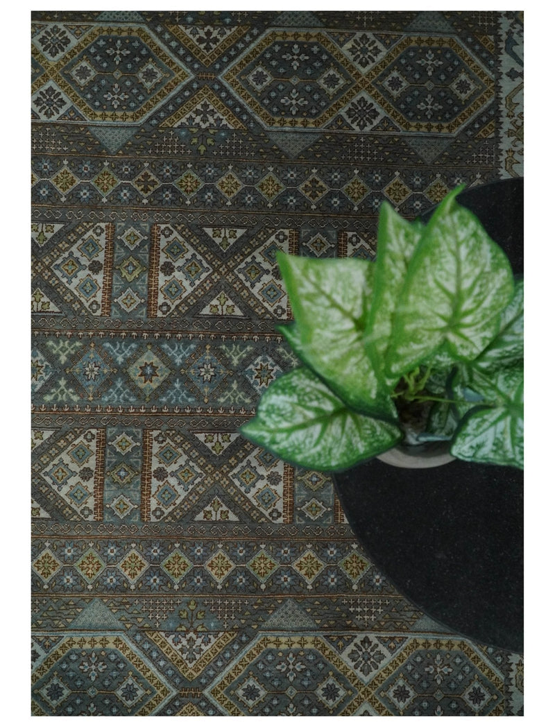 8x10 Fine Hand Knotted Brown and Blue Southwestern Traditional Antique Area Rug | AGR41