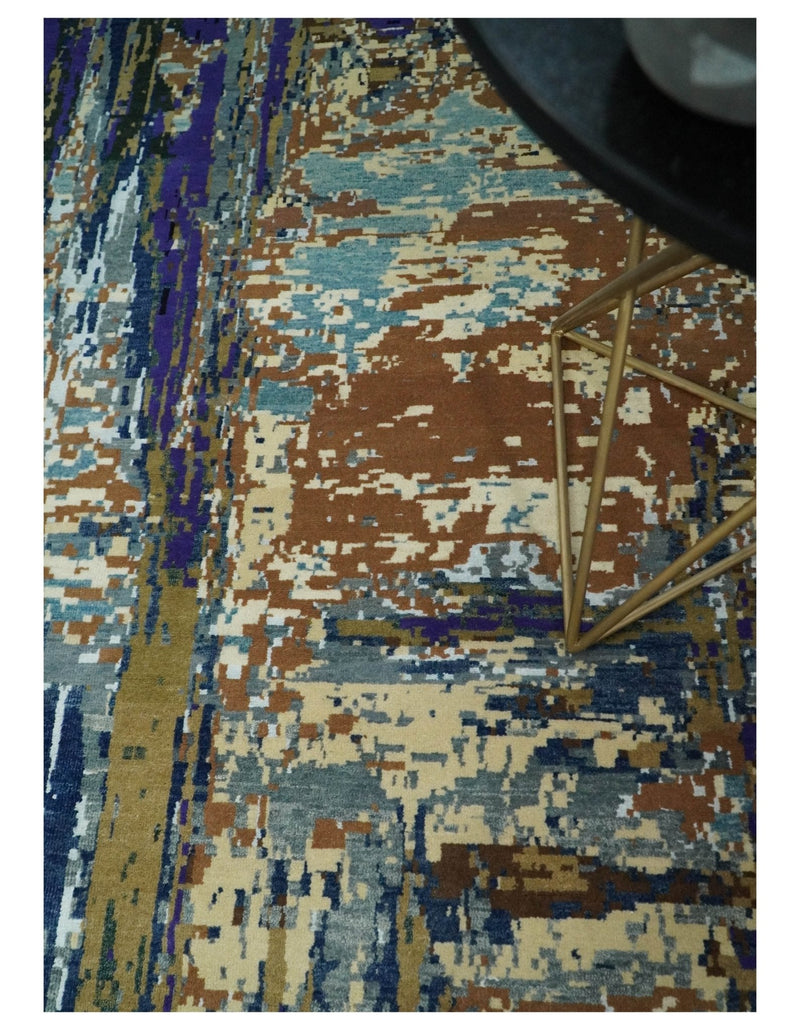8x10 Fine Hand Knotted Brown Multicolor Modern Abstract Wool and Bamboo Silk Area Rug | AGR19