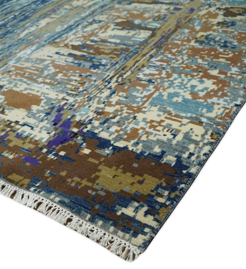 8x10 Fine Hand Knotted Brown Multicolor Modern Abstract Wool and Bamboo Silk Area Rug | AGR19