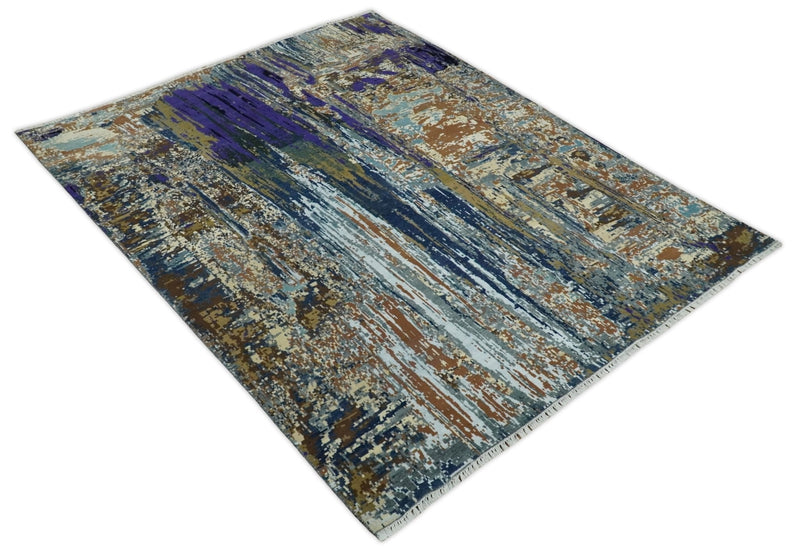 8x10 Fine Hand Knotted Brown Multicolor Modern Abstract Wool and Bamboo Silk Area Rug | AGR19
