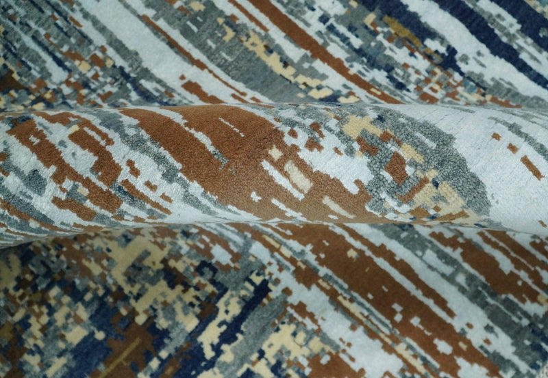 8x10 Fine Hand Knotted Brown Multicolor Modern Abstract Wool and Bamboo Silk Area Rug | AGR19