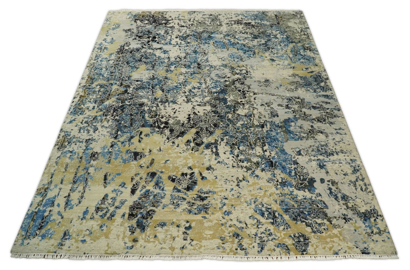 8x10 Fine Hand Knotted Charcoal, Camel and Blue Traditional Vintage Persian Style Antique Wool and Silk Rug | TRDCP703810