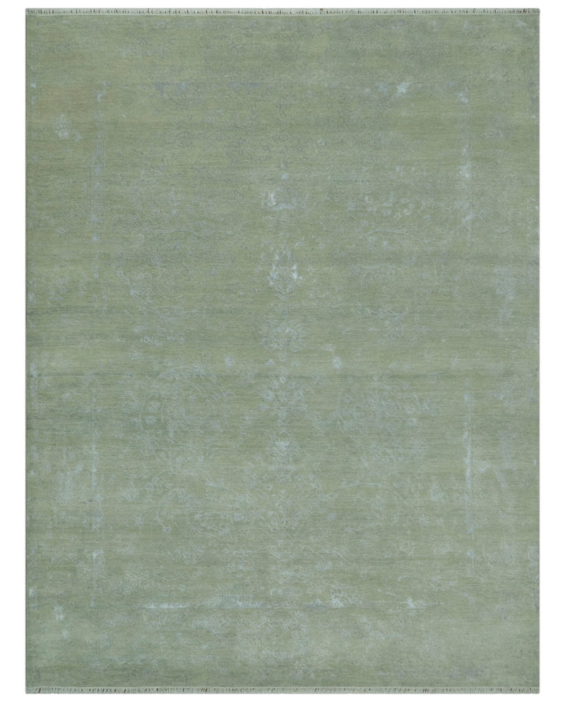 8X10 Fine Hand Knotted Green And Gray Modern abstract Design Wool and Art Silk Rug