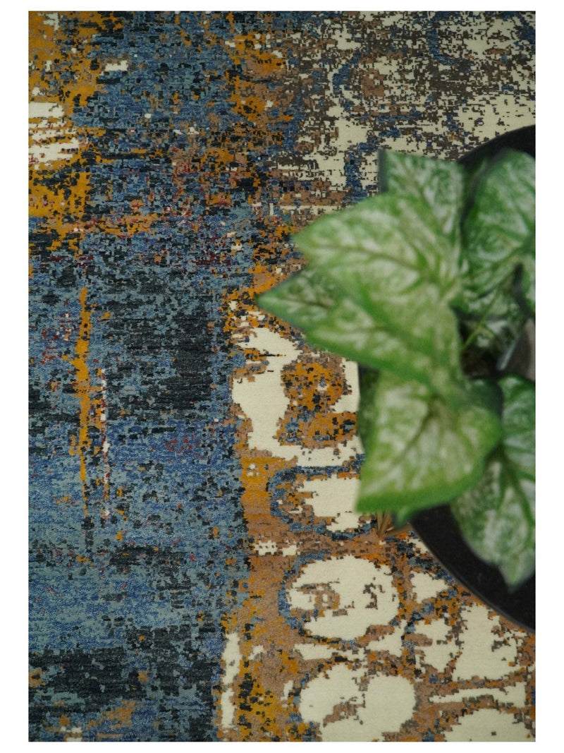 8x10 Fine Hand Knotted Ivory and Blue Modern Abstract Style Antique Wool and Silk Area Rug | TRDCP631810