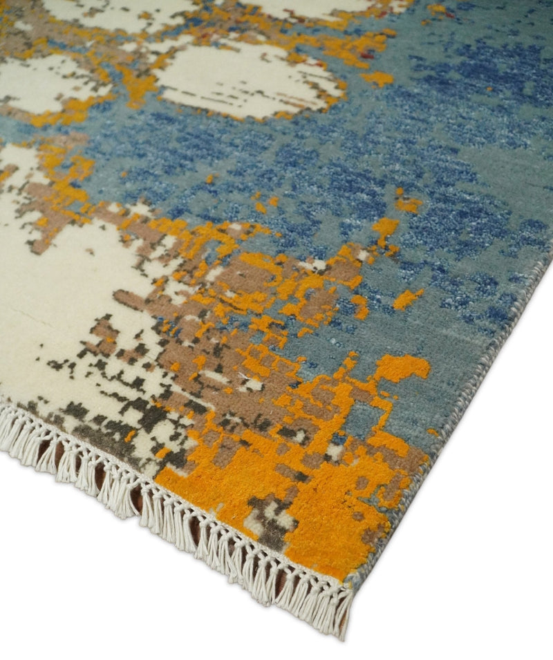 8x10 Fine Hand Knotted Ivory and Blue Modern Abstract Style Antique Wool and Silk Area Rug | TRDCP631810