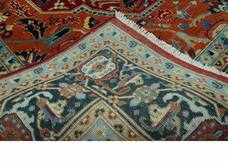 8x10 Fine Hand Knotted Rust and Blue Traditional Heriz Medallion wool area rug