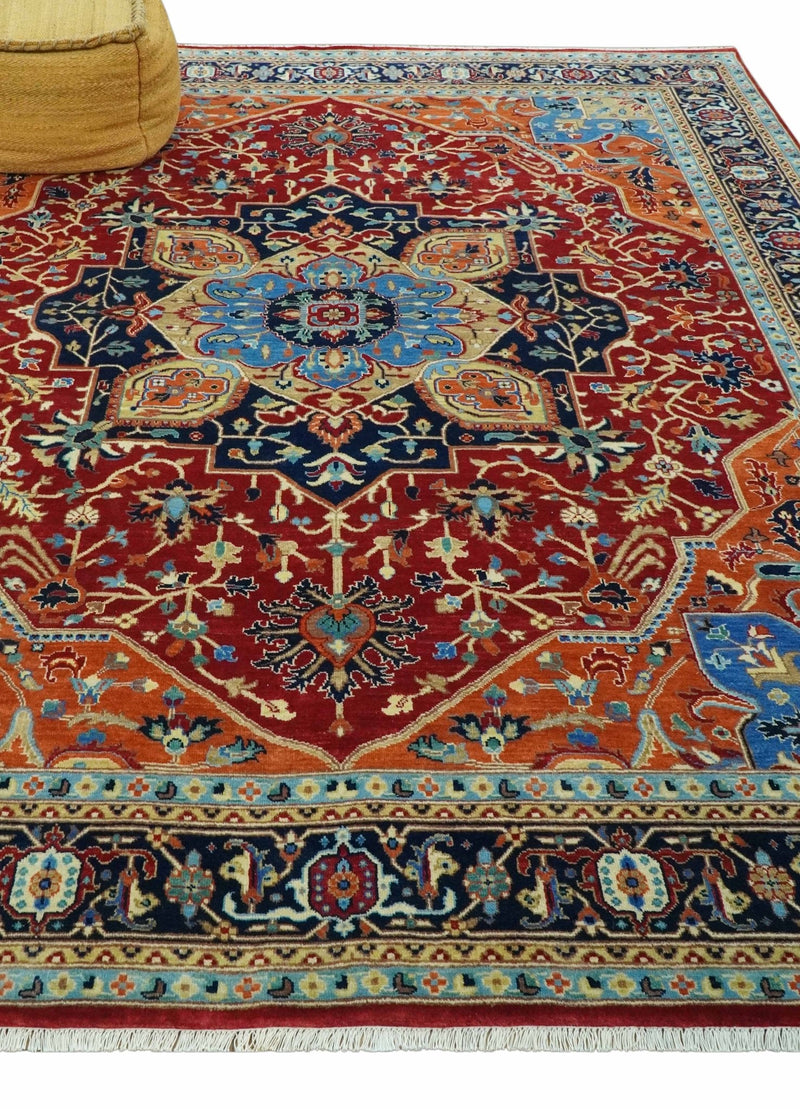 8x10 Fine Hand Knotted Rust and Blue Traditional Heriz Medallion wool area rug