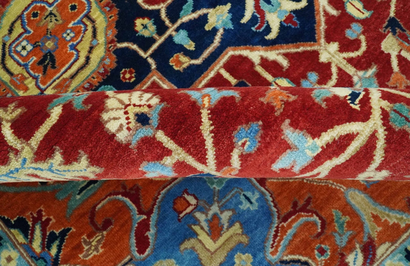 8x10 Fine Hand Knotted Rust and Blue Traditional Heriz Medallion wool area rug