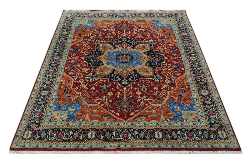8x10 Fine Hand Knotted Rust and Blue Traditional Heriz Medallion wool area rug