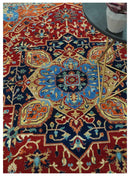 8x10 Fine Hand Knotted Rust and Blue Traditional Heriz Medallion wool area rug