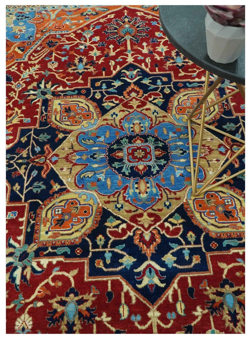 8x10 Fine Hand Knotted Rust and Blue Traditional Heriz Medallion wool area rug