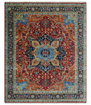 8x10 Fine Hand Knotted Rust and Blue Traditional Heriz Medallion wool area rug