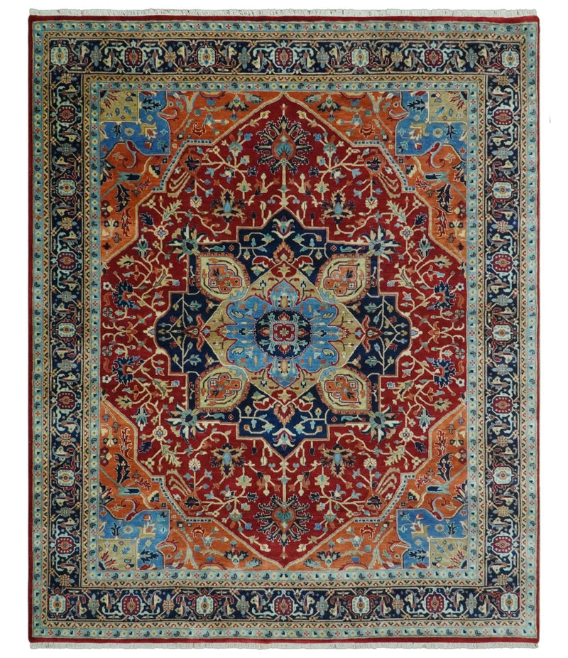 8x10 Fine Hand Knotted Rust and Blue Traditional Heriz Medallion wool area rug