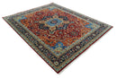8x10 Fine Hand Knotted Rust and Blue Traditional Heriz Medallion wool area rug