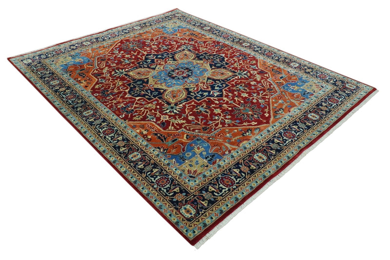 8x10 Fine Hand Knotted Rust and Blue Traditional Heriz Medallion wool area rug