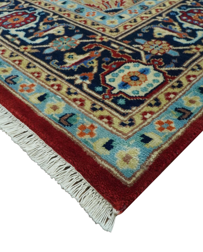 8x10 Fine Hand Knotted Rust and Blue Traditional Heriz Medallion wool area rug