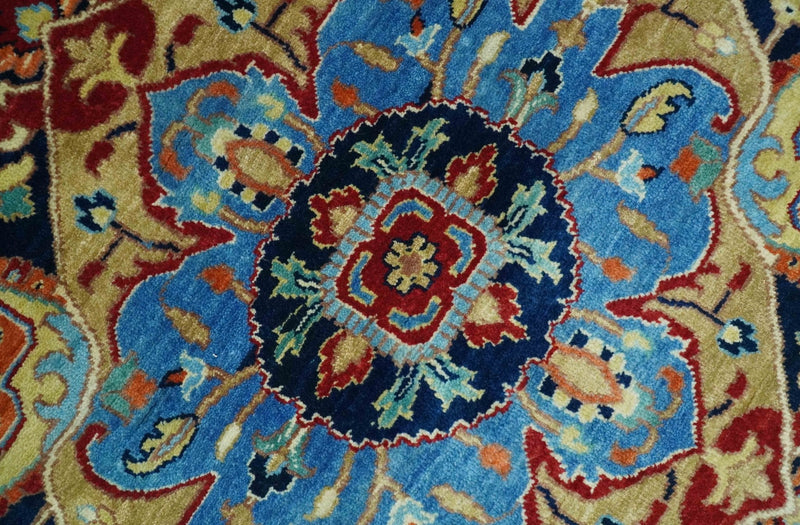 8x10 Fine Hand Knotted Rust and Blue Traditional Heriz Medallion wool area rug