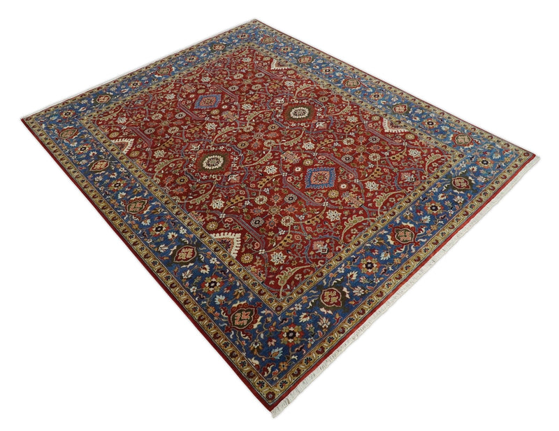 8x10 Fine Hand Knotted Rust and Blue Traditional Vintage Antique Persian Wool Rug | TRDCP851810