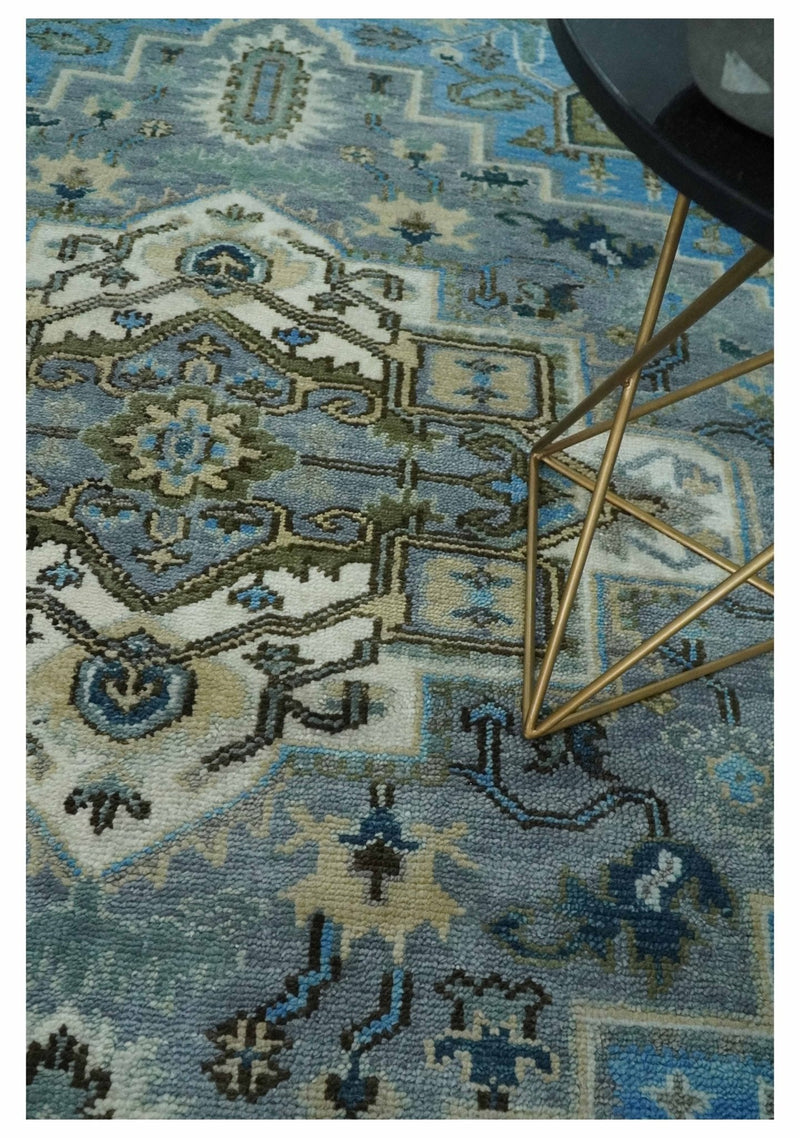 8x10 Gray, Ivory, Moss Green and Blue Hand Knotted Traditional Heriz Wool Area Rug