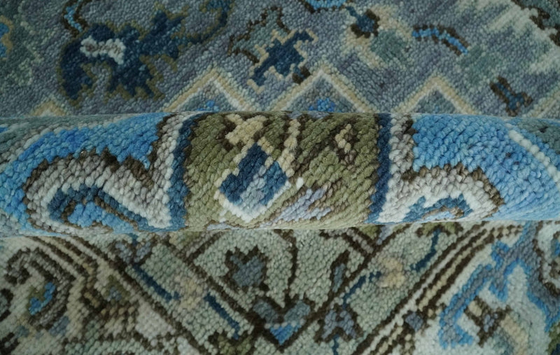 8x10 Gray, Ivory, Moss Green and Blue Hand Knotted Traditional Heriz Wool Area Rug