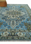 8x10 Gray, Ivory, Moss Green and Blue Hand Knotted Traditional Heriz Wool Area Rug