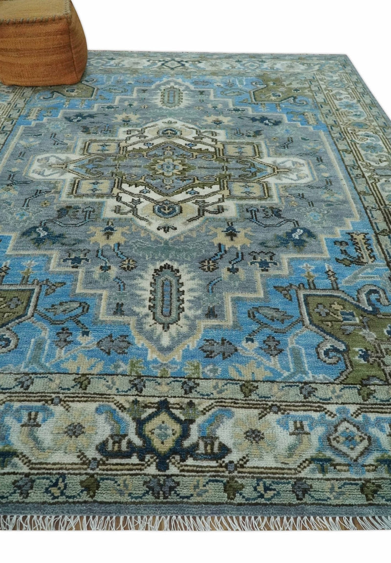 8x10 Gray, Ivory, Moss Green and Blue Hand Knotted Traditional Heriz Wool Area Rug