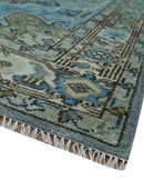 8x10 Gray, Ivory, Moss Green and Blue Hand Knotted Traditional Heriz Wool Area Rug