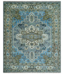 8x10 Gray, Ivory, Moss Green and Blue Hand Knotted Traditional Heriz Wool Area Rug