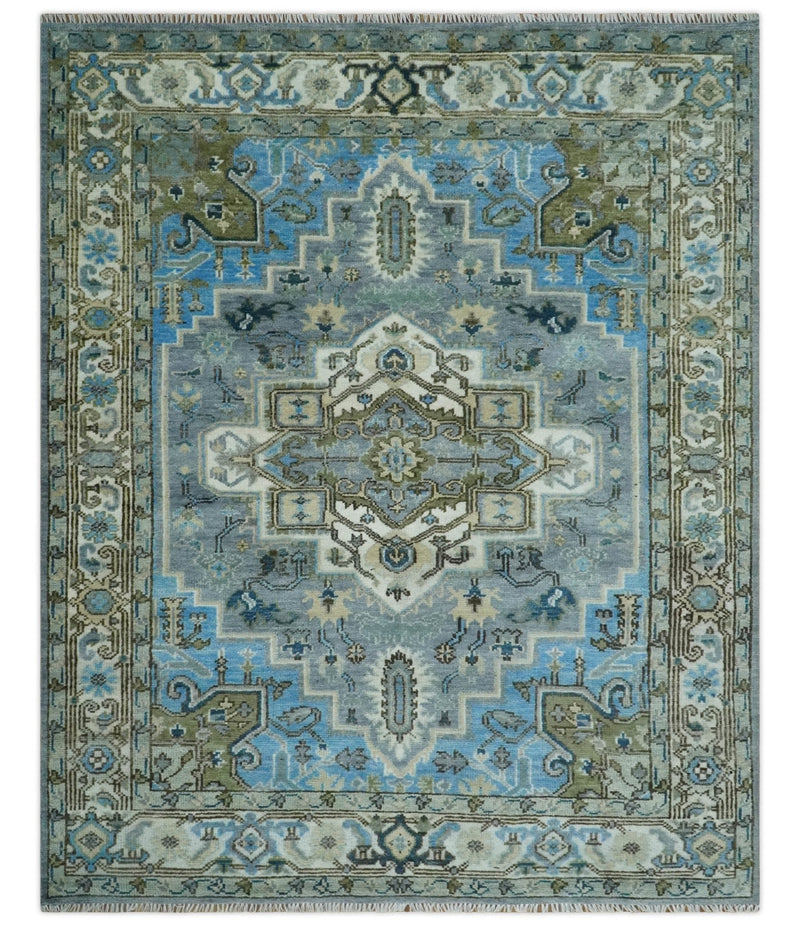 8x10 Gray, Ivory, Moss Green and Blue Hand Knotted Traditional Heriz Wool Area Rug