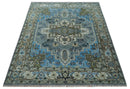 8x10 Gray, Ivory, Moss Green and Blue Hand Knotted Traditional Heriz Wool Area Rug