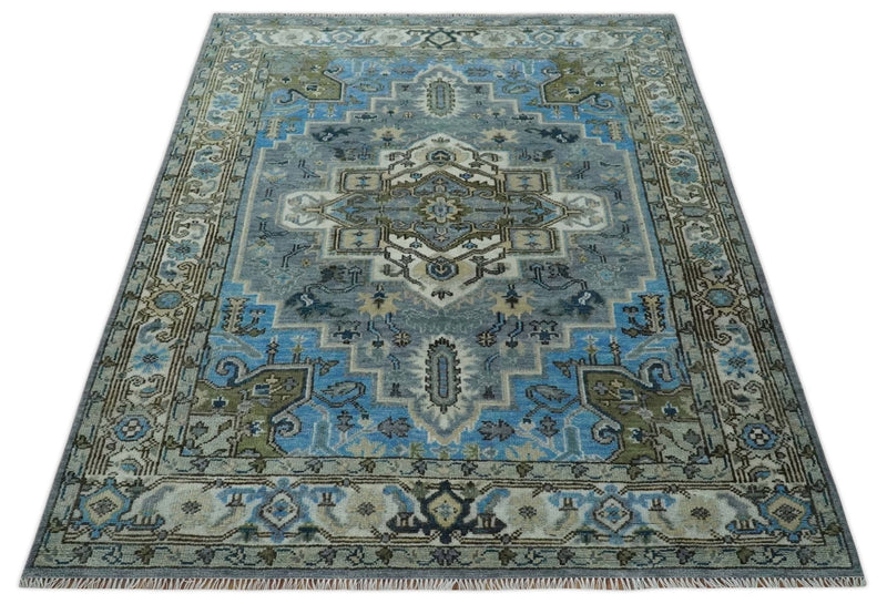 8x10 Gray, Ivory, Moss Green and Blue Hand Knotted Traditional Heriz Wool Area Rug