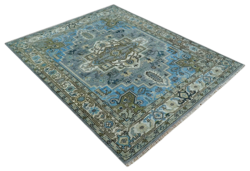 8x10 Gray, Ivory, Moss Green and Blue Hand Knotted Traditional Heriz Wool Area Rug
