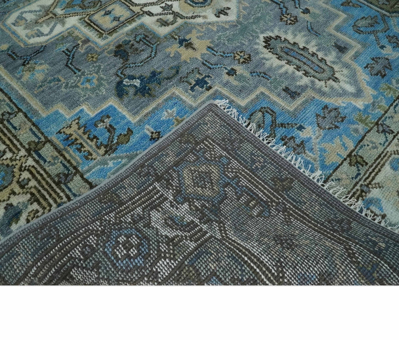 8x10 Gray, Ivory, Moss Green and Blue Hand Knotted Traditional Heriz Wool Area Rug