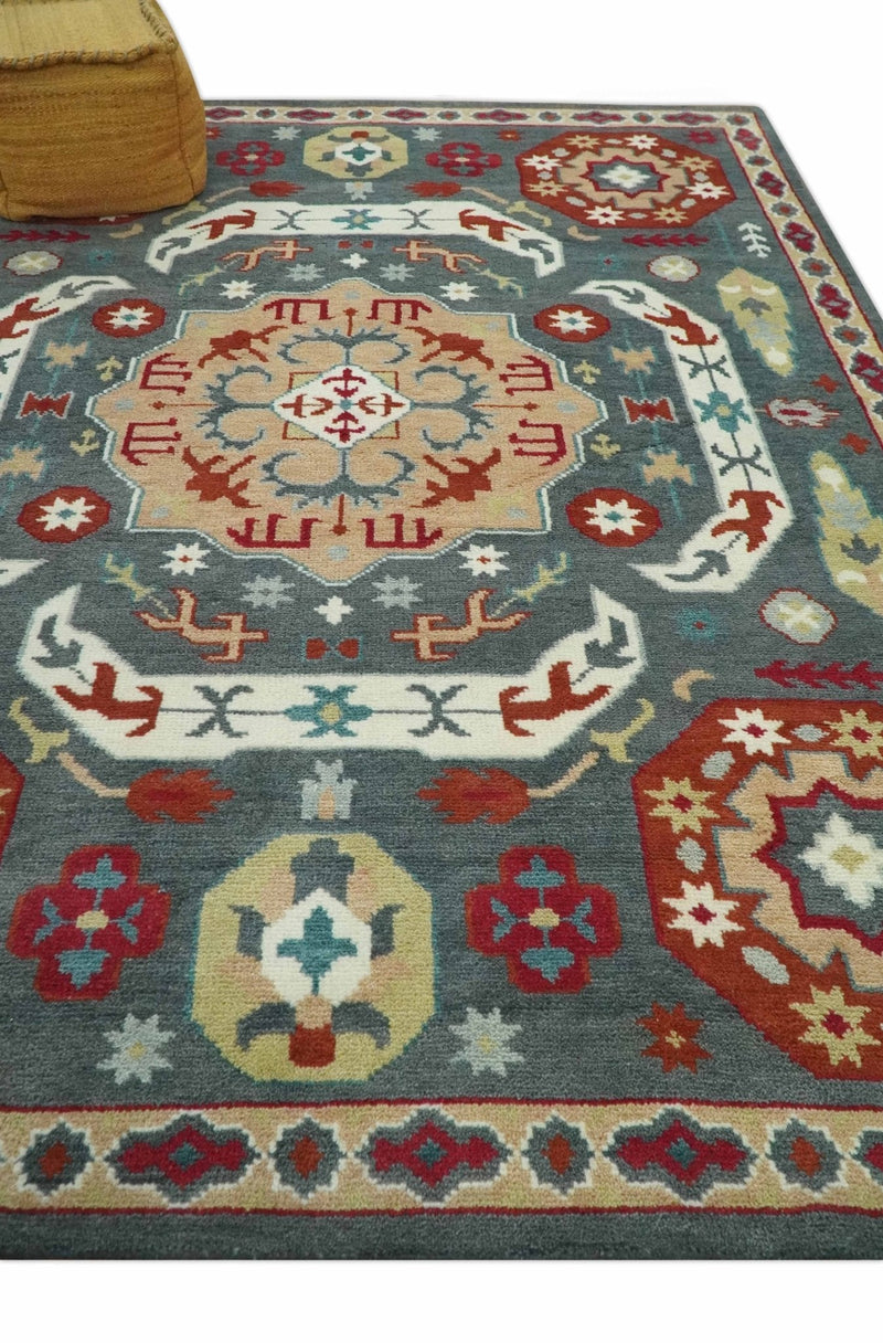 8x10 Gray, Rust and Peach Traditional Medallion Mamluk Design wool Rug