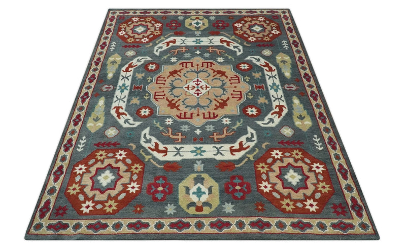 8x10 Gray, Rust and Peach Traditional Medallion Mamluk Design wool Rug
